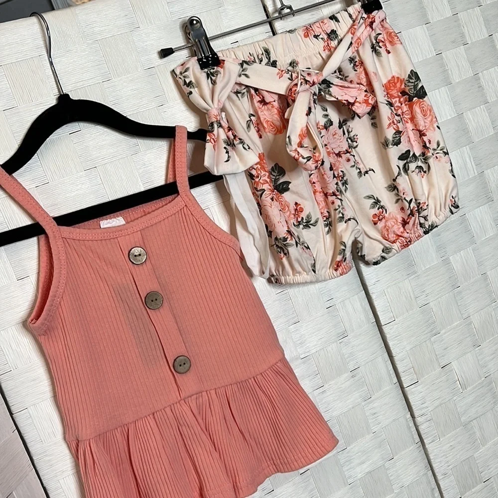 PINK floral 3 pcs baby shorts set Ruffle tank top